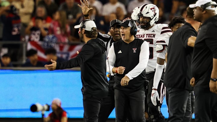 Oct 5, 2024; Tucson, Arizona, USA; Texas Tech Red Raiders head coach Joey McGuire yells at team during fourth quarter against Arizona Wildcats at Arizona Stadium. Mandatory Credit: Aryanna Frank-Imagn Images