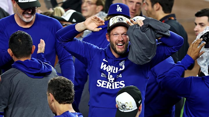Oct 30, 2024; New York, USA, LAD; Los Angeles Dodgers pitcher Clayton Kershaw (22) celebrates after the Los Angeles Dodgers beat the New York Yankees in Game 5 to win the 2024 World Series at New York.
