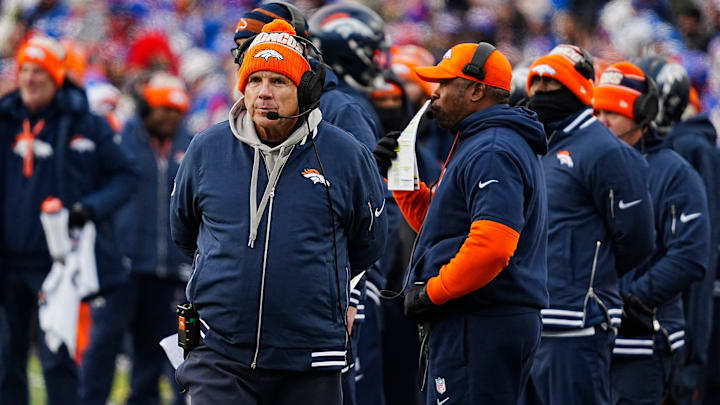 Denver Broncos head coach Sean Payton watches the players on the field during the second half of the Buffalo Bills wild card game against the Denver Broncos at Highmark Stadium in Orchard Park on Jan. 12, 2025.