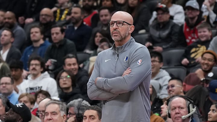 Dec 7, 2024; Toronto, Ontario, CAN; Dallas Mavericks head coach Jason Kidd looks on during the fourth quarter against the Toronto Raptors at Scotiabank Arena. Mandatory Credit: Nick Turchiaro-Imagn Images Dec 7, 2024; Toronto, Ontario, CAN; Dallas Mavericks head coach Jason Kidd looks on during the fourth quarter against the Toronto Raptors at Scotiabank Arena. Mandatory Credit: Nick Turchiaro-Imagn Images