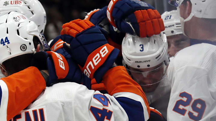 Feb 20, 2024; Pittsburgh, Pennsylvania, USA; New York Islanders defenseman Adam Pelech (3) is