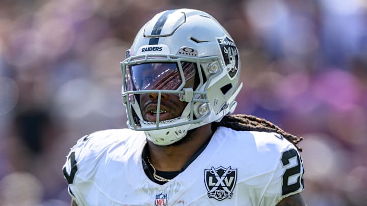 Sep 15, 2024; Baltimore, Maryland, USA; Las Vegas Raiders running back Alexander Mattison (22) looks on during the first half against the Baltimore Ravens at M&T Bank Stadium. Mandatory Credit: Reggie Hildred-Imagn Images