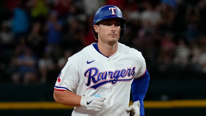 Aug 18, 2026; Arlington, Texas, USA; Texas Rangers designated hitter Justin Foscue (14) runs the bases on his solo home run against the Washington Nationals during the second inning at Globe Life Field. Mandatory Credit: Jim Cowsert-Imagn Images Aug 18, 2026; Arlington, Texas, USA; Texas Rangers designated hitter Justin Foscue (14) runs the bases on his solo home run against the Washington Nationals during the second inning at Globe Life Field. Mandatory Credit: Jim Cowsert-Imagn Images