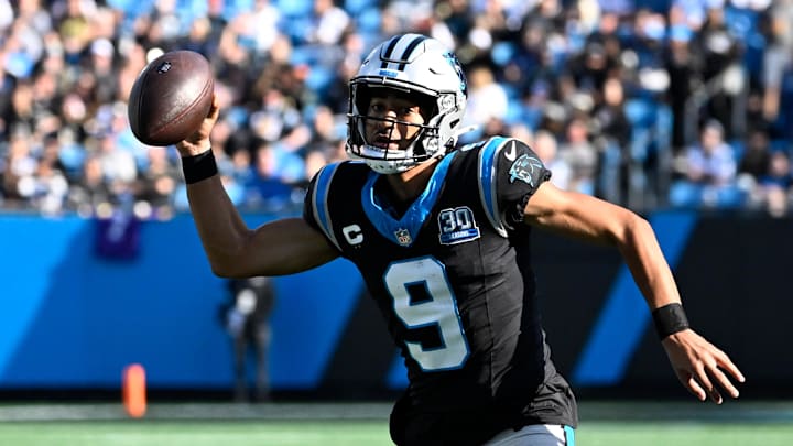 Nov 3, 2024; Charlotte, North Carolina, USA; Carolina Panthers quarterback Bryce Young (9) with the ball in the third qarter at Bank of America Stadium. Mandatory Credit: Bob Donnan-Imagn Images