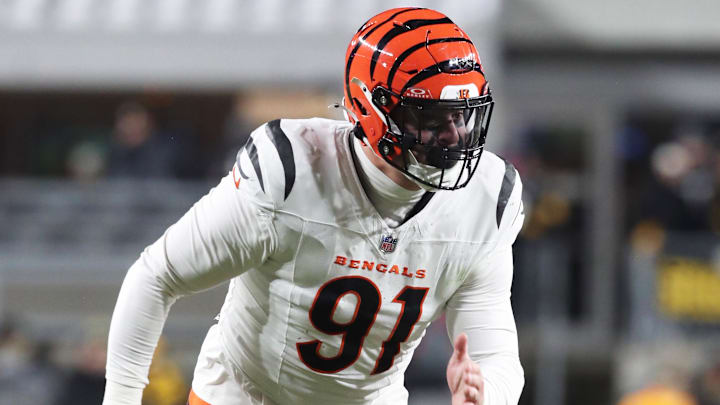 Jan 4, 2025; Pittsburgh, Pennsylvania, USA;  Cincinnati Bengals defensive end Trey Hendrickson (91) pass rushes at the line of scrimmage against the Pittsburgh Steelers during the second quarter at Acrisure Stadium. Mandatory Credit: Charles LeClaire-Imagn Images