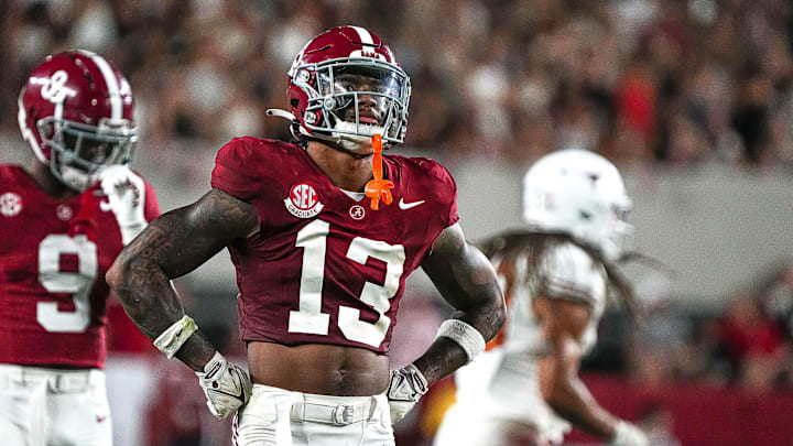 Alabama defensive back Malachi Moore (13) reacts to a penalty that gave the Texas Lonhorns a first down late in the game at Bryant-Denny Stadium on Saturday, Sep. 9, 2023 in Tuscaloosa, Alabama.