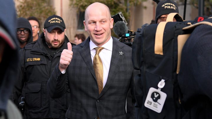 Vanderbilt Commodores head coach Clark Lea gives a thumbs up as he walks into the stadium prior to the start of the game against the Tennessee Volunteers at FirstBank Stadium. Vanderbilt Commodores head coach Clark Lea gives a thumbs up as he walks into the stadium prior to the start of the game against the Tennessee Volunteers at FirstBank Stadium.