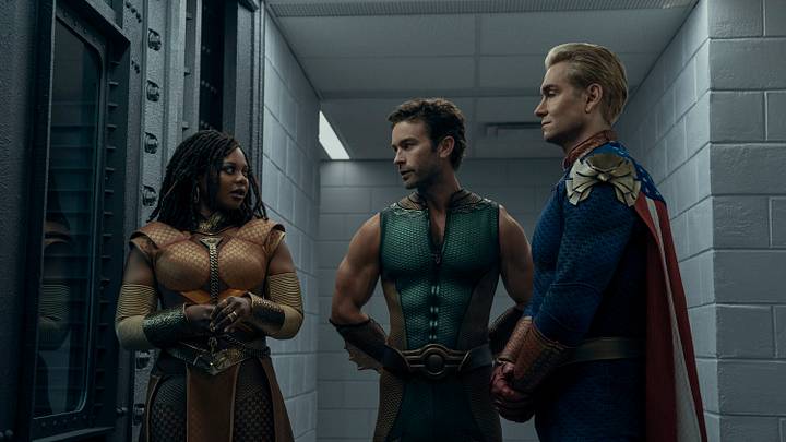 Susan Heyward (Sister Sage), Chace Crawford (The Deep), Antony Starr (Homelander) - Credit: Jasper Savage/Prime Susan Heyward (Sister Sage), Chace Crawford (The Deep), Antony Starr (Homelander) - Credit: Jasper Savage/Prime