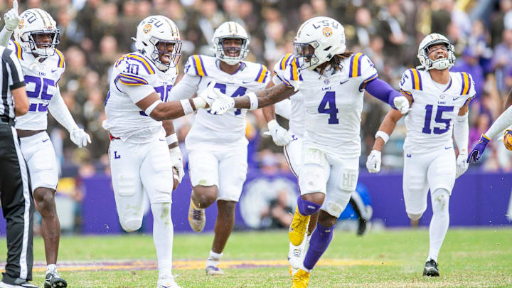 Linebacker Greg Penn III 30 celebrates after an interception as the LSU Tigers take on Texas A&M