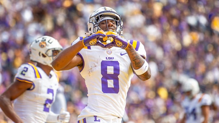 Malik Nabers 8 as the LSU Tigers take on Texas A&M in Tiger Stadium in Baton Rouge, Louisiana,
