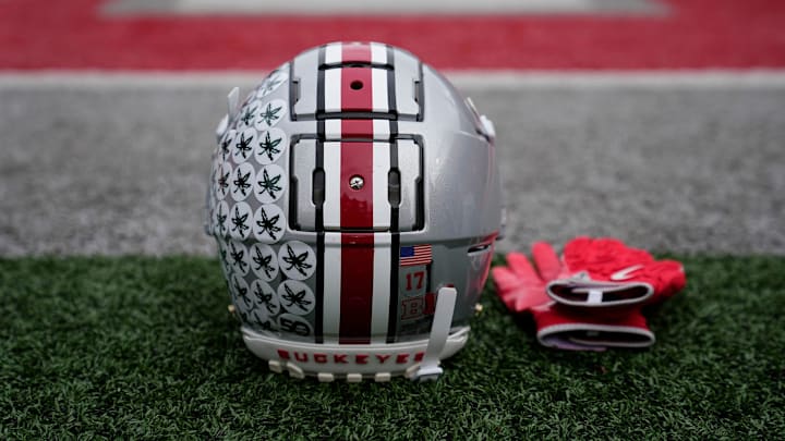 An Ohio State Buckeyes helmet sits on the sideline prior to the NCAA football game against the Indiana Hoosiers at Ohio Stadium in Columbus on Saturday, Nov. 23, 2024.