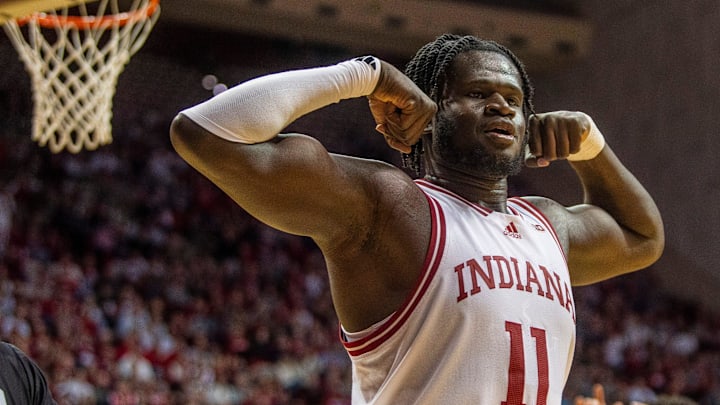 Indiana's Oumar Ballo (11) flexes during the Indiana versus University of Southern California men's basketball game at Simon Skjodt Assembly Hall on Wednesday, Jan. 8, 2025.