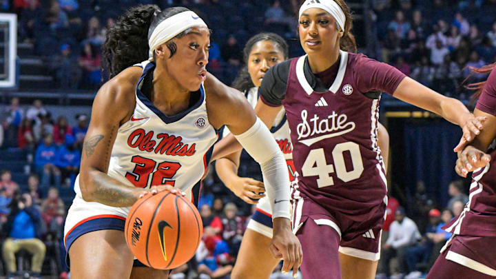 Ole Miss forward Cotie McMahon (32) drives toward the basket during a women's college basketball game between Ole Miss and Mississippi State at the Sandy and John Black Pavilion in Oxford, Miss. on Sunday, Jan. 11, 2026.