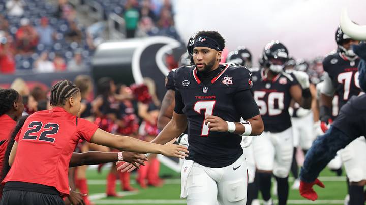 Aug 20, 2026; Houston, Texas, USA;  Houston Texans quarterback C.J. Stroud (7) and teammates enters the field out of the tunnel before the Texans play the Las Vegas Raiders at Reliant Stadium. Mandatory Credit: Thomas Shea-Imagn Images