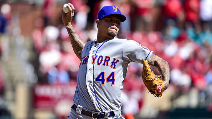 Apr 27, 2022; St. Louis, Missouri, USA;  New York Mets relief pitcher Yoan Lopez (44) pitches