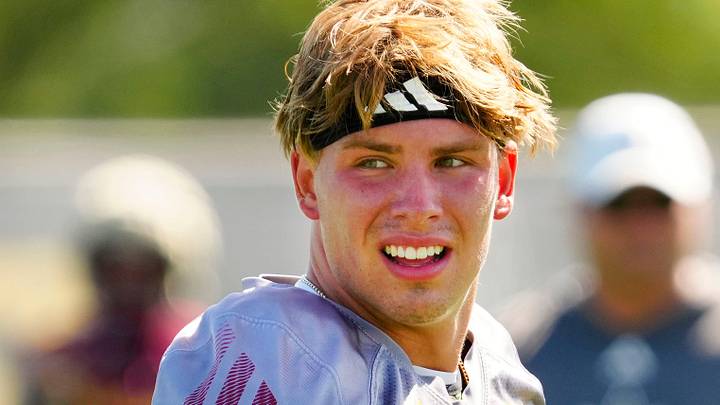 Arizona State quarterback Sam Leavitt looks over at the sidelines during the first day of fall practice in Tempe, Ariz. on July 30, 2025.