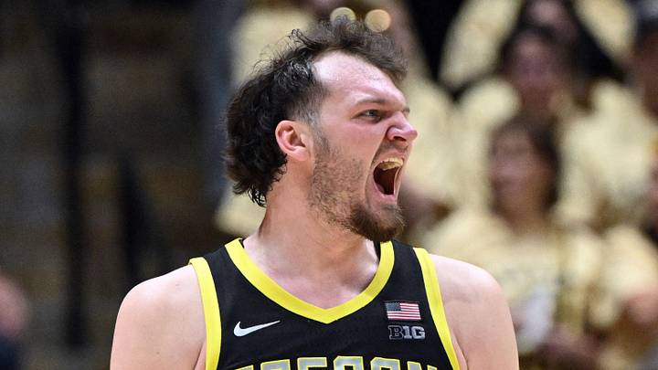 Feb 7, 2026; West Lafayette, Indiana, USA; Oregon Ducks center Nate Bittle (32) reacts to a three point shot during the second half against the Purdue Boilermakers at Mackey Arena. Mandatory Credit: Marc Lebryk-Imagn Images Feb 7, 2026; West Lafayette, Indiana, USA; Oregon Ducks center Nate Bittle (32) reacts to a three point shot during the second half against the Purdue Boilermakers at Mackey Arena. Mandatory Credit: Marc Lebryk-Imagn Images