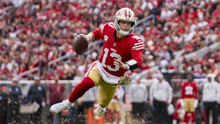 November 17, 2024; Santa Clara, California, USA; San Francisco 49ers quarterback Brock Purdy (13) runs the football against the Seattle Seahawks during the first quarter at Levi's Stadium. Mandatory Credit: Kyle Terada-Imagn Images November 17, 2024; Santa Clara, California, USA; San Francisco 49ers quarterback Brock Purdy (13) runs the football against the Seattle Seahawks during the first quarter at Levi's Stadium. Mandatory Credit: Kyle Terada-Imagn Images