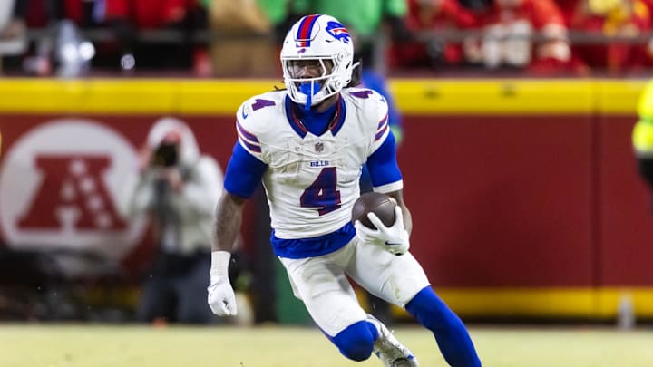Jan 26, 2025; Kansas City, MO, USA; Buffalo Bills running back James Cook (4) against the Kansas City Chiefs during the AFC Championship game at GEHA Field at Arrowhead Stadium. Mandatory Credit: Mark J. Rebilas-Imagn Images
