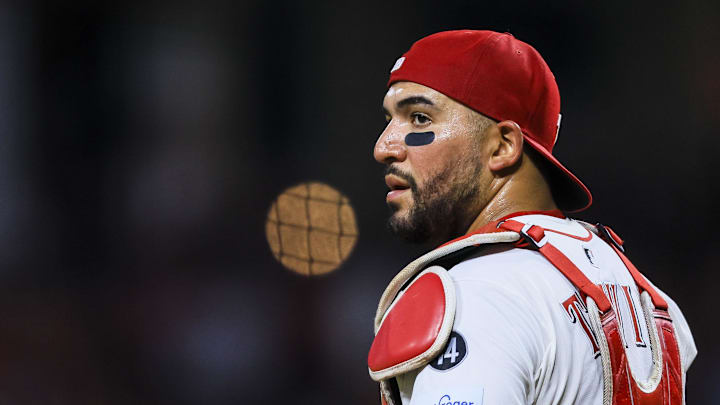 Aug 16, 2025; Cincinnati, Ohio, USA; Cincinnati Reds catcher Jose Trevino (35) stands on the field during a stop in play in the ninth inning against the Milwaukee Brewers at Great American Ball Park. Mandatory Credit: Katie Stratman-Imagn Images Aug 16, 2025; Cincinnati, Ohio, USA; Cincinnati Reds catcher Jose Trevino (35) stands on the field during a stop in play in the ninth inning against the Milwaukee Brewers at Great American Ball Park. Mandatory Credit: Katie Stratman-Imagn Images