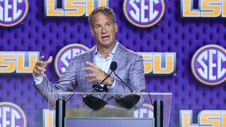LSU Tigers head coach Lane Kiffin speaks to the press during SEC Football Kickoff Media Day at the Tampa Marriott. Mandatory Credit: Nathan Ray Seebeck-Imagn Images