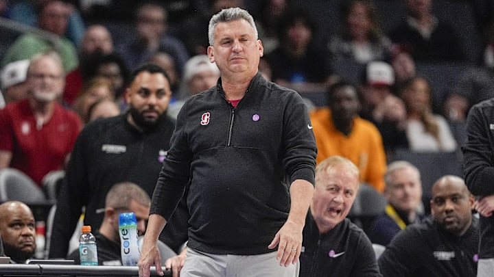 Mar 13, 2025; Charlotte, NC, USA; Stanford Cardinal head coach Kyle Smith during the second half against the Louisville Cardinals at Spectrum Center. Mandatory Credit: Jim Dedmon-Imagn Images