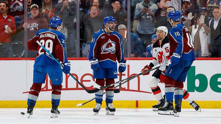 Colorado Avalanche center Nazem Kadri celebrates his goal with center Nathan MacKinnon and center Nicolas Roy Credit: Isaiah J. Downing-Imagn Images Colorado Avalanche center Nazem Kadri celebrates his goal with center Nathan MacKinnon and center Nicolas Roy Credit: Isaiah J. Downing-Imagn Images