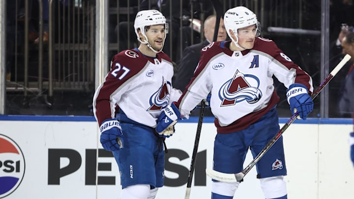 Jan 26, 2025; New York, New York, USA; Colorado Avalanche defenseman Cale Makar (8) celebrates with left wing Jonathan Drouin (27) after scoring a goal in the first period against the New York Rangers at Madison Square Garden. Mandatory Credit: Wendell Cruz-Imagn Images Jan 26, 2025; New York, New York, USA; Colorado Avalanche defenseman Cale Makar (8) celebrates with left wing Jonathan Drouin (27) after scoring a goal in the first period against the New York Rangers at Madison Square Garden. Mandatory Credit: Wendell Cruz-Imagn Images