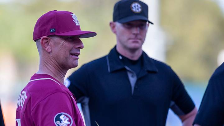 FloridaÕs Kevin OÕ Sullivan and FSUÕs Link Jarrett meet before the start of the game, March 10, 2026, at Condron Family Ballpark in Gainesville, Florida. [Cyndi Chambers/ Gainesville Sun] 2026