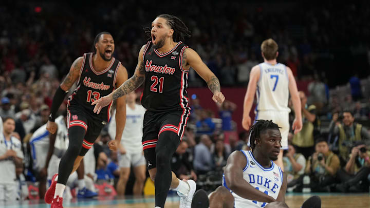 Apr 5, 2025; San Antonio, TX, USA; Houston Cougars guard Emanuel Sharp (21) and Houston Cougars forward J'Wan Roberts (13) celebrate defeating the Duke Blue Devils in the semifinals of the men's Final Four of the 2025 NCAA Tournament at the Alamodome. Mandatory Credit: Robert Deutsch-Imagn Images Apr 5, 2025; San Antonio, TX, USA; Houston Cougars guard Emanuel Sharp (21) and Houston Cougars forward J'Wan Roberts (13) celebrate defeating the Duke Blue Devils in the semifinals of the men's Final Four of the 2025 NCAA Tournament at the Alamodome. Mandatory Credit: Robert Deutsch-Imagn Images