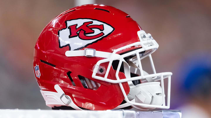 Aug 9, 2025; Glendale, Arizona, USA; Detailed view of a Kansas City Chiefs helmet during a preseason NFL game at State Farm Stadium. Mandatory Credit: Mark J. Rebilas-Imagn Images