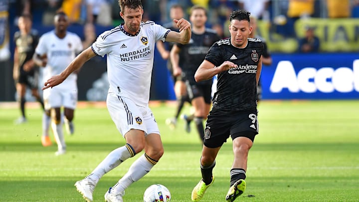 May 22, 2022; Carson, California, USA; Los Angeles Galaxy forward Nick DePuy (20) moves the ball