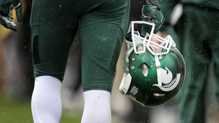 Oct 3, 2015; East Lansing, MI, USA; General view of Michigan State Spartans helmet during the 1st quarter of a game against the Purdue Boilermakers at Spartan Stadium. Mandatory Credit: Mike Carter-USA TODAY Sports