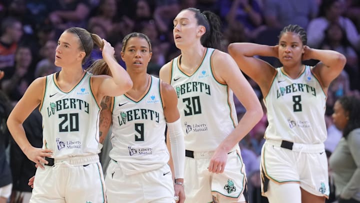 Jun 27, 2025; Phoenix, Arizona, USA; New York Liberty guard Sabrina Ionescu (20) and New York Liberty guard Natasha Cloud (9) and New York Liberty forward Breanna Stewart (30) and New York Liberty center Nyara Sabally (8) look on against the Phoenix Mercury during the second half at Footprint Center. Mandatory Credit: Joe Camporeale-Imagn Images Jun 27, 2025; Phoenix, Arizona, USA; New York Liberty guard Sabrina Ionescu (20) and New York Liberty guard Natasha Cloud (9) and New York Liberty forward Breanna Stewart (30) and New York Liberty center Nyara Sabally (8) look on against the Phoenix Mercury during the second half at Footprint Center. Mandatory Credit: Joe Camporeale-Imagn Images