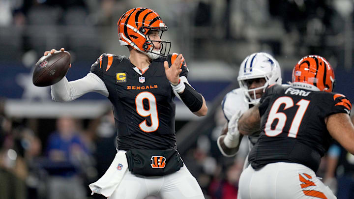 Cincinnati Bengals quarterback Joe Burrow (9) looks to make a pass during the 2nd quarter during Monday Night Football at AT&T Stadium in Arlington,Texas on Monday, December 9, 2024.