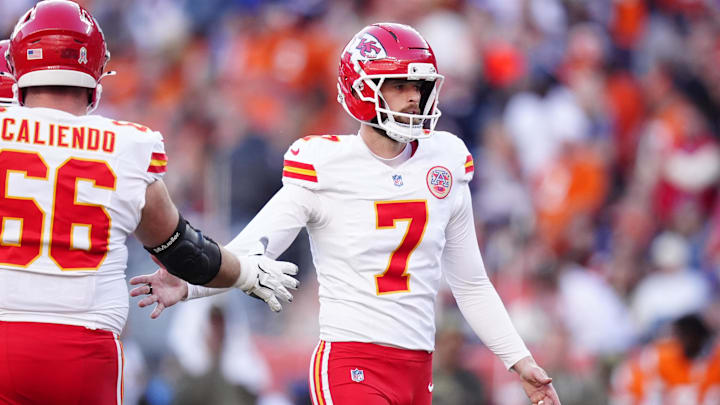 Nov 16, 2025; Denver, Colorado, USA; Kansas City Chiefs kicker Harrison Butker (7) celebrates his field goal in the second quarter against the Denver Broncos at Empower Field at Mile High. Mandatory Credit: Ron Chenoy-Imagn Images