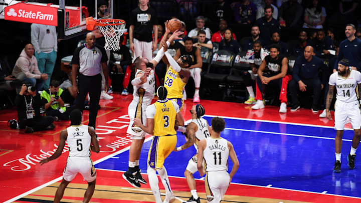 Dec 7, 2023; Las Vegas, Nevada, USA; New Orleans Pelicans center Jonas Valanciunas (17) blocks a shot attempt by Los Angeles Lakers forward Rui Hachimura (28) during the second quarter at T-Mobile Arena. Dec 7, 2023; Las Vegas, Nevada, USA; New Orleans Pelicans center Jonas Valanciunas (17) blocks a shot attempt by Los Angeles Lakers forward Rui Hachimura (28) during the second quarter at T-Mobile Arena.