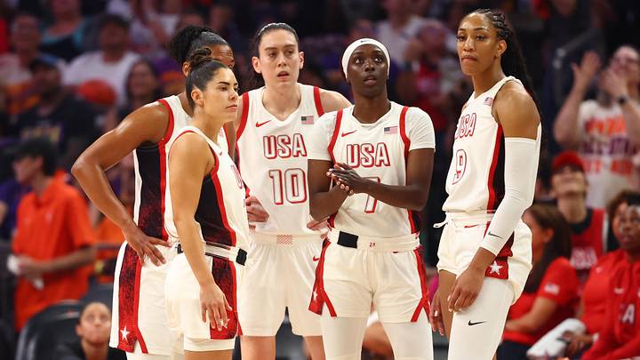 Jul 20, 2024; Phoenix, AZ, USA; USA Women's National Team guard Kelsey Plum (5), forward Breanna Stewart (10), guard Kahleah Copper (7) and forward A’ja Wilson (9) during the WNBA All Star game at Footprint Center. Mandatory Credit: Mark J. Rebilas-Imagn Images