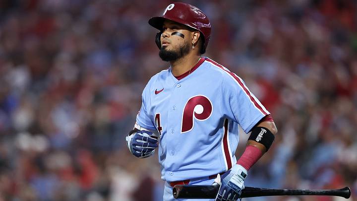 Sep 24, 2026; Philadelphia, Pennsylvania, USA; Philadelphia Phillies second baseman Luis Arraez (4) prepares to bat during the third inning against the Milwaukee Brewers at Citizens Bank Park. Mandatory Credit: Bill Streicher-Imagn Images