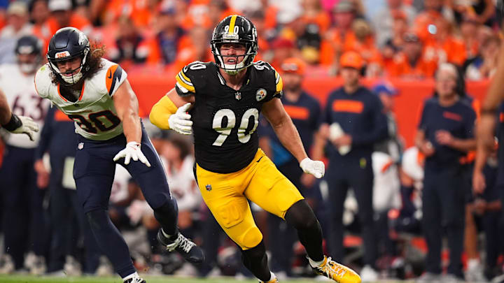 Sep 15, 2024; Denver, Colorado, USA; Pittsburgh Steelers linebacker T.J. Watt (90) during the second half against the Denver Broncos at Empower Field at Mile High. Mandatory Credit: Ron Chenoy-Imagn Images