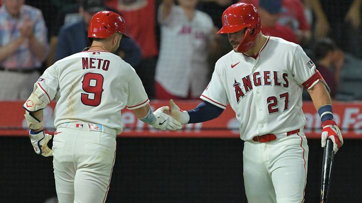 Los Angeles Angels shortstop Zach Neto (9) is congratulated by center fielder Mike Trout (27) after hitting a solo home run to tie the score in the eighth inning against the Philadelphia Phillies at Angel Stadium. Mandatory Credit: Jayne Kamin-Oncea-Imagn Images Los Angeles Angels shortstop Zach Neto (9) is congratulated by center fielder Mike Trout (27) after hitting a solo home run to tie the score in the eighth inning against the Philadelphia Phillies at Angel Stadium. Mandatory Credit: Jayne Kamin-Oncea-Imagn Images