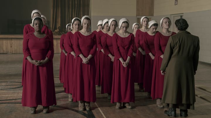 The Handmaid's Tale -- "Unfit" - Episode 308 -- June and the rest of the Handmaids shun Ofmatthew, and both are pushed to their limit at the hands of Aunt Lydia. Aunt Lydia reflects on her life and relationships before the rise of Gilead. June (Elisabeth Moss) and Aunt Lydia (Ann Dowd), shown. (Photo by: Sophie Giraud/Hulu)