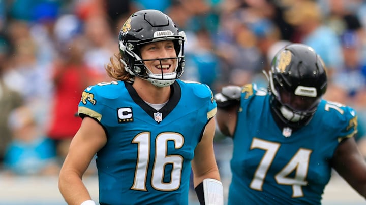 Jacksonville Jaguars quarterback Trevor Lawrence (16) reacts to a long catch and run from wide receiver Christian Kirk (13), not shown, during the fourth quarter of an NFL football matchup Sunday, Oct. 6, 2024 at EverBank Stadium in Jacksonville, Fla. The Jaguars edged the Colts on a field goal 37-34. [Corey Perrine/Florida Times-Union]