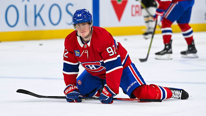 Dec 12, 2024; Montreal, Quebec, CAN; Montreal Canadiens right wing Patrik Laine (92) stretches during warm-up before the game against the Pittsburgh Penguins at Bell Centre. Mandatory Credit: David Kirouac-Imagn Images