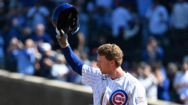 Sep 24, 2026; Chicago, Illinois, USA; Chicago Cubs center fielder Pete Crow-Armstrong (4) acknowledges the crowd after stealing second base during the first inning against the Miami Marlins at Wrigley Field. It was his 40th stolen base. Mandatory Credit: Matt Marton-Imagn Images Sep 24, 2026; Chicago, Illinois, USA; Chicago Cubs center fielder Pete Crow-Armstrong (4) acknowledges the crowd after stealing second base during the first inning against the Miami Marlins at Wrigley Field. It was his 40th stolen base. Mandatory Credit: Matt Marton-Imagn Images
