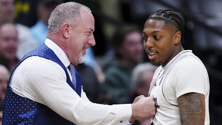 Texas A&M Aggies head coach Buzz Williams and guard Wade Taylor IV (4) reacts after the win over Yale Bulldogs Texas A&M Aggies head coach Buzz Williams and guard Wade Taylor IV (4) reacts after the win over Yale Bulldogs