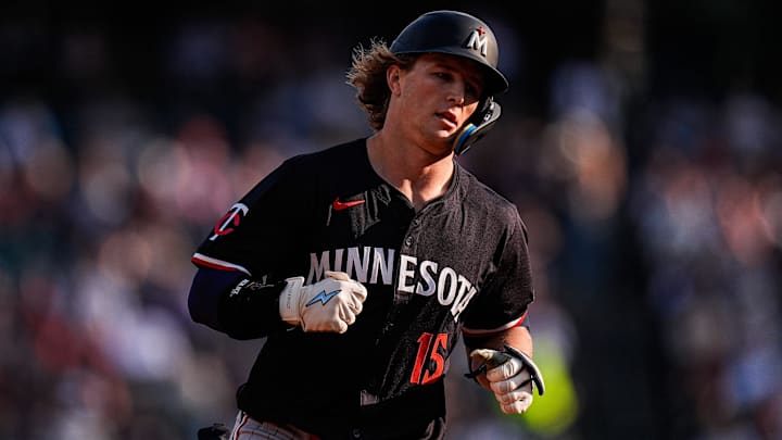 Minnesota Twins second base Luke Keaschall (15) runs after batting 2-run home run against Detroit Tigers during the first inning at Comerica Park in Detroit in Tuesday, August 5, 2025. Minnesota Twins second base Luke Keaschall (15) runs after batting 2-run home run against Detroit Tigers during the first inning at Comerica Park in Detroit in Tuesday, August 5, 2025.