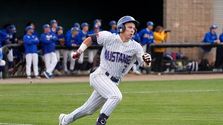 Fort Cobb-Broxton's Eli Willits runs to first after hitting a fly ball during the high school baseball game between Fort Cobb-Broxton and Stillwater at Edmond Santa Fe High School in Edmond, Okla., Friday, April, 18, 2025.