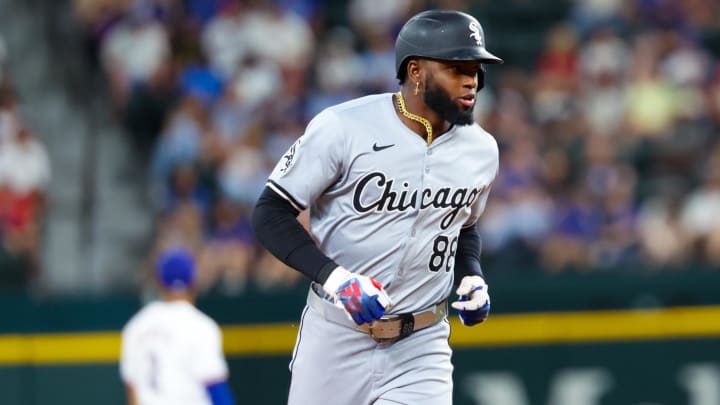 Jul 24, 2024; Arlington, Texas, USA; Chicago White Sox center fielder Luis Robert Jr. (88) runs the bases after hitting a home run during the third inning against the Texas Rangers at Globe Life Field