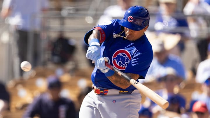 Phoenix, Arizona, USA; Chicago Cubs designated hitter Moises Ballesteros against the Los Angeles Dodgers during a spring training game at Camelback Ranch-Glendale.